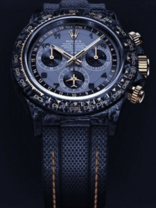 dark-toned luxury chronograph watch with gold accents, a textured strap, and a detailed multi-dial face