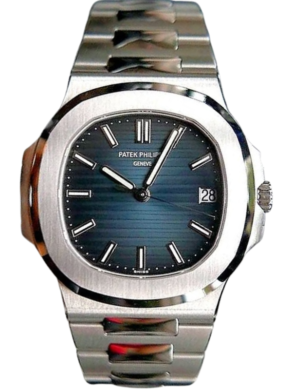 Patek Philippe luxury watch with a blue gradient dial, silver hour markers, and a polished stainless-steel bracelet