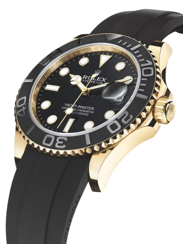 Rolex luxury watch with a black dial, gold accents, and a black rubber strap