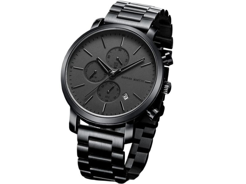 A sleek black chronograph wristwatch with a stainless-steel bracelet, featuring three sub-dials and a minimalist dark dial