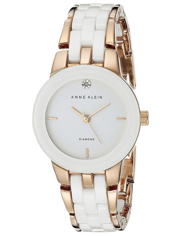 Anne Klein women’s wristwatch with a white and rose-gold two-tone bracelet and a minimalist white dial